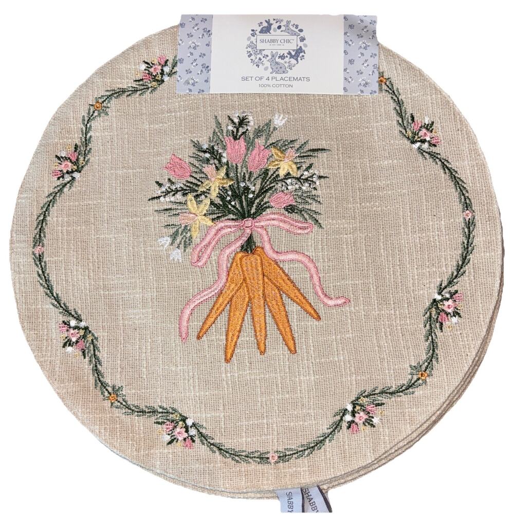 Shabby Chic Easter Embroidered Floral Carrot Placemat Set of 4 15" Round Woven